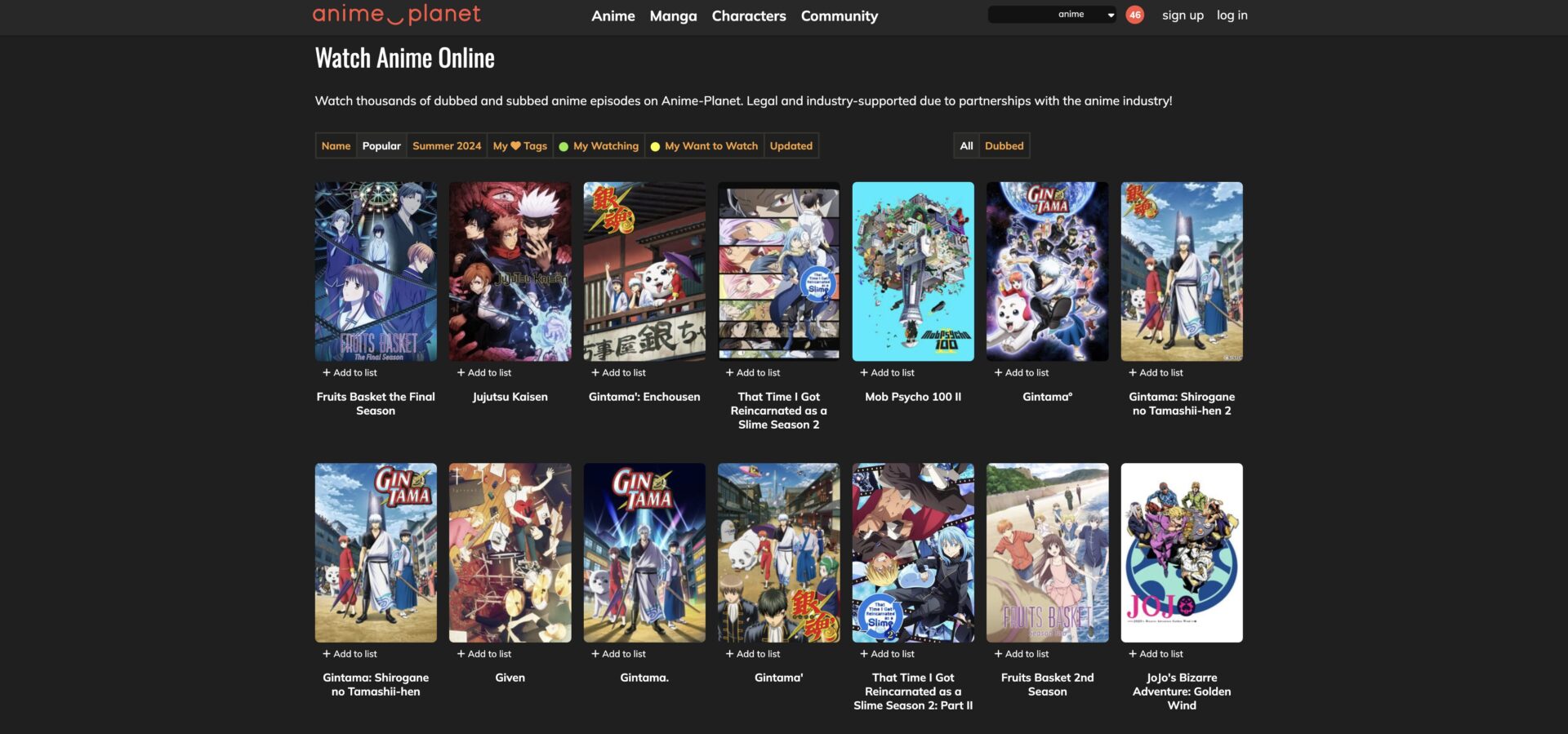 Screenshot of a an anime streaming site, anime-planet, with a selection of anime series available for online viewing and streaming.