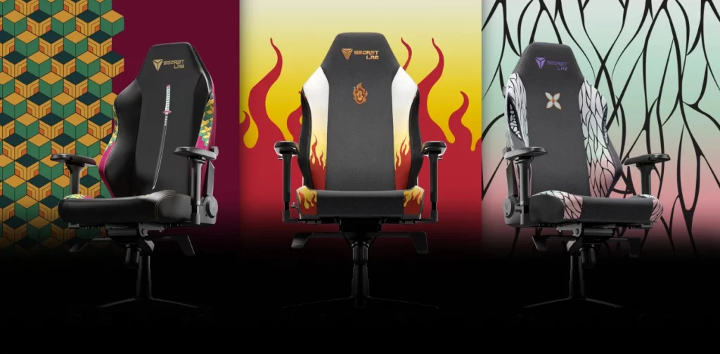 Secretlab gaming chair with Demon Slayer-themed design, featuring high-performance ergonomics and anime character artwork.